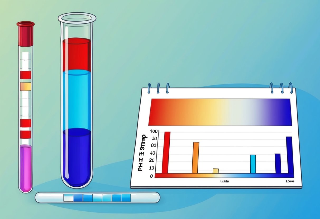 A test tube with red and blue liquids, a pH strip changing color, and a chart showing pH levels