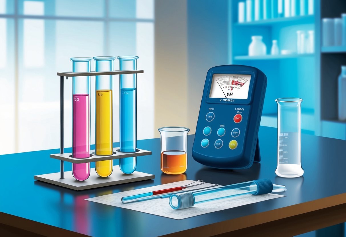 A laboratory table with test tubes, beakers, and a pH meter