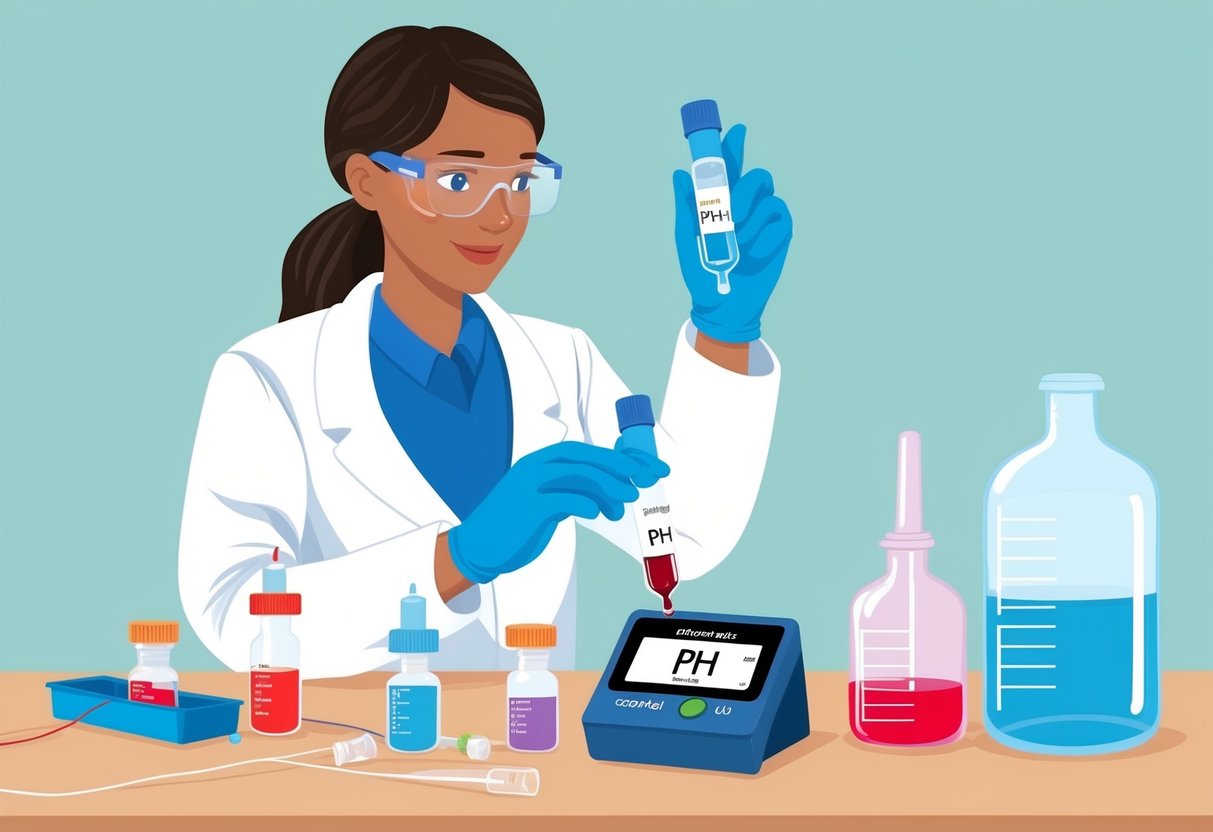 A lab technician tests blood samples for pH imbalances using a digital pH meter and various chemical reagents