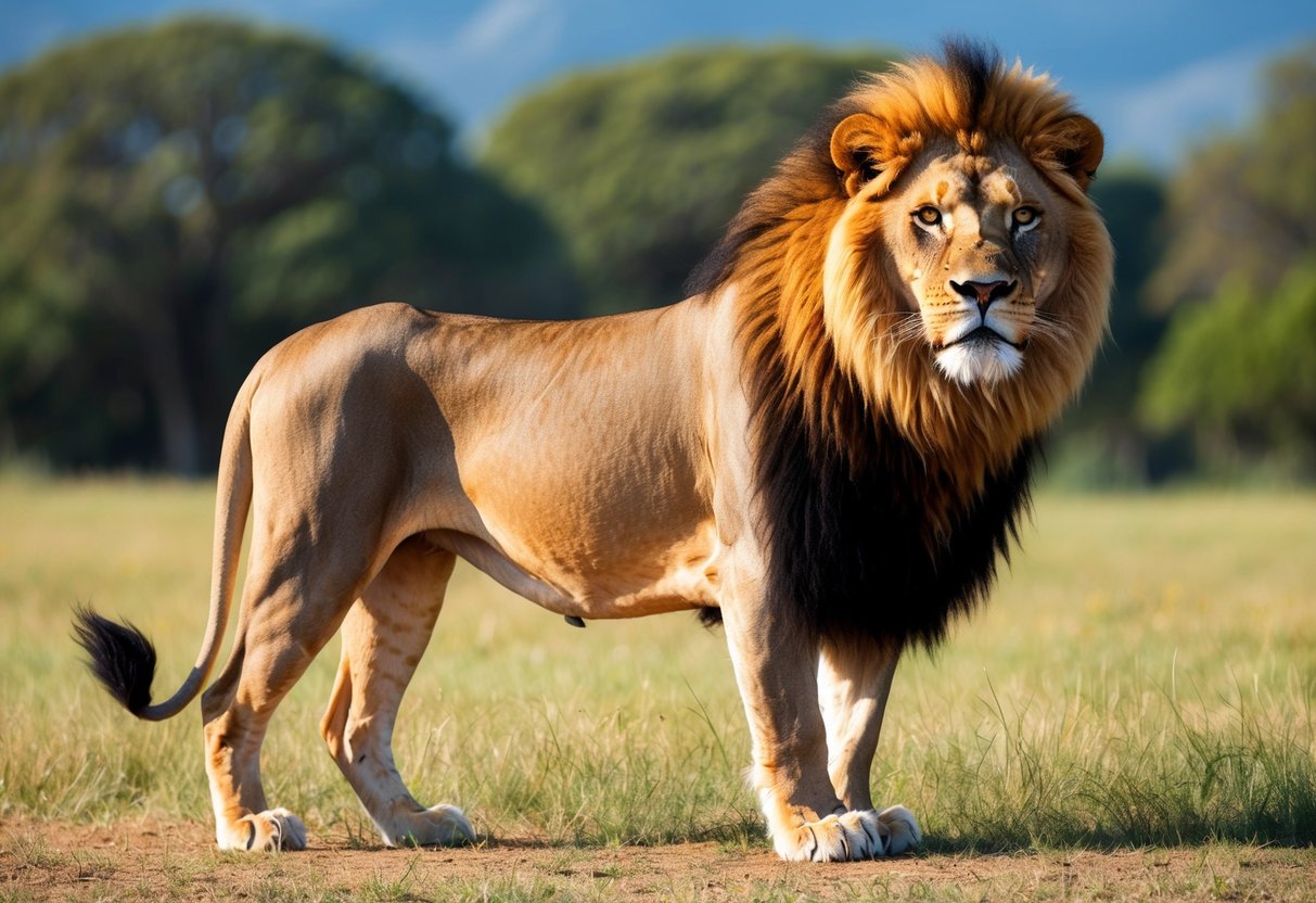 A lion with a full, lush mane standing proudly, looking healthy and strong