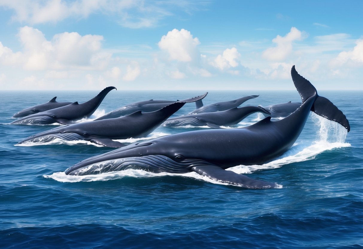 A pod of blue whales swim in a vast ocean, their massive bodies gliding gracefully through the water as they communicate with each other through low-frequency calls