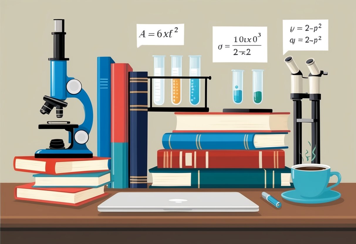 A group of books, test tubes, microscopes, and equations arranged on a desk with a laptop and a cup of coffee