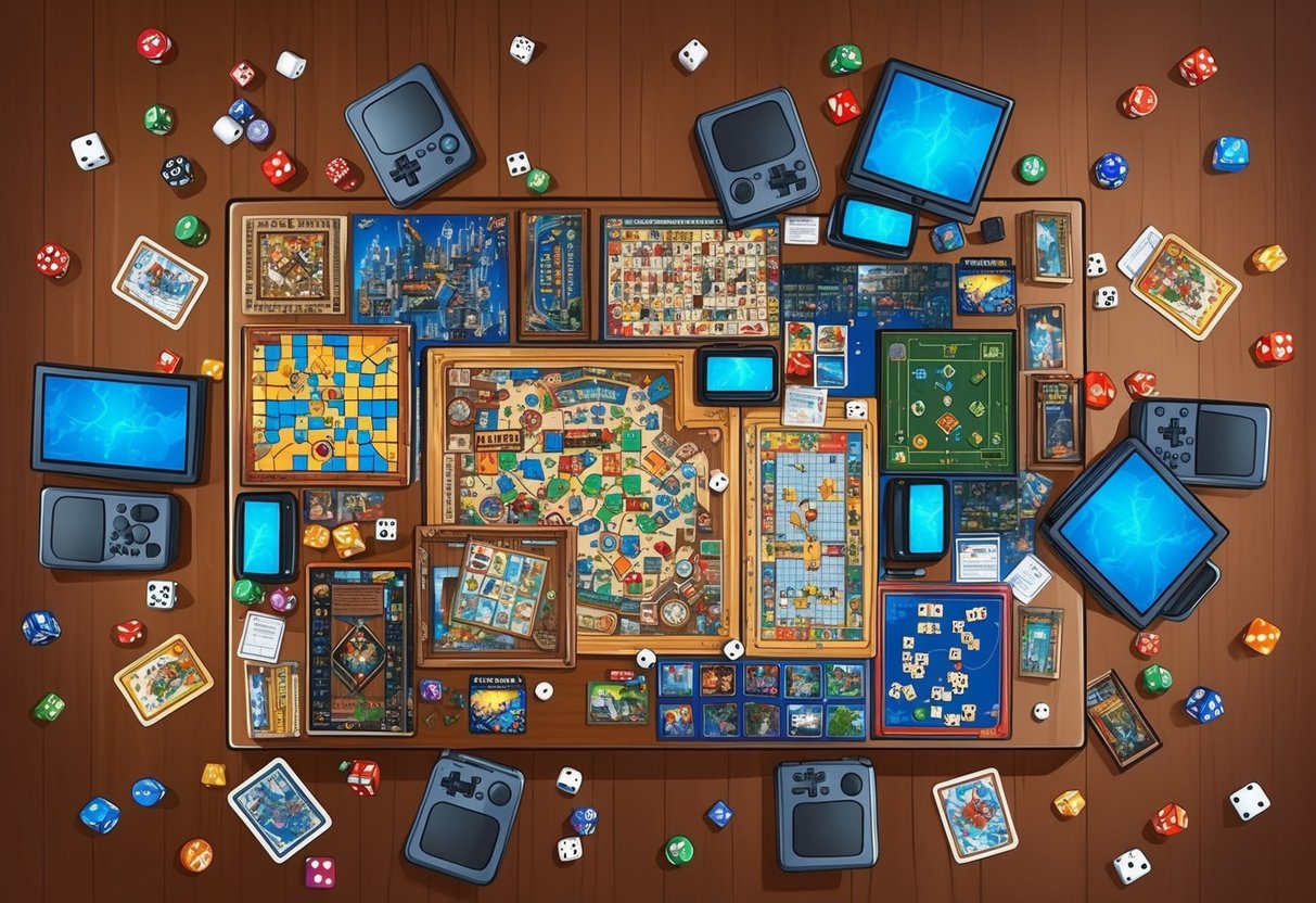 A table covered in board games, puzzles, and gaming consoles, surrounded by scattered dice and playing cards