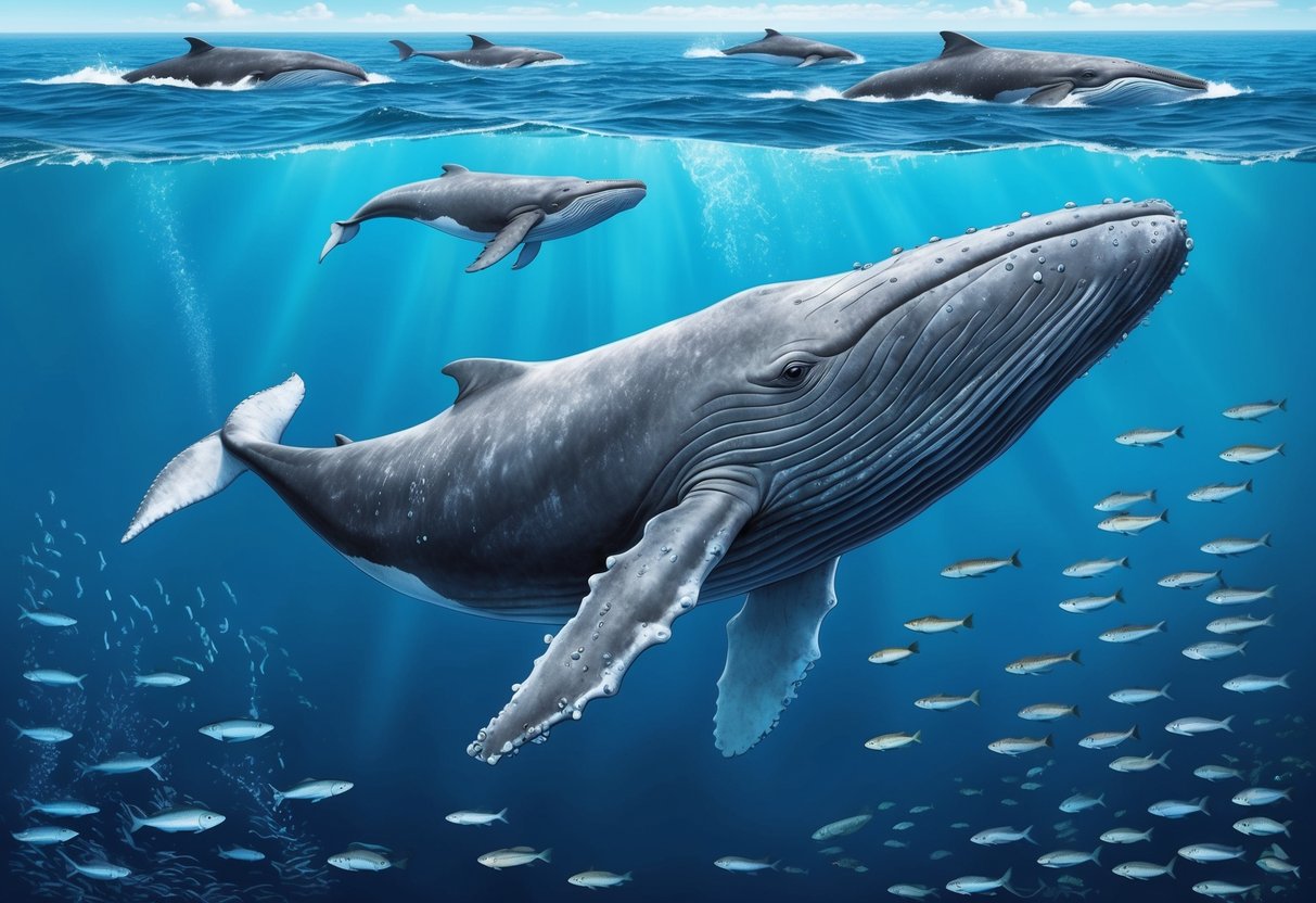 A blue whale swims through deep, open ocean waters, surrounded by schools of small fish and patches of plankton.</p><p>Other whales can be seen in the distance, migrating together