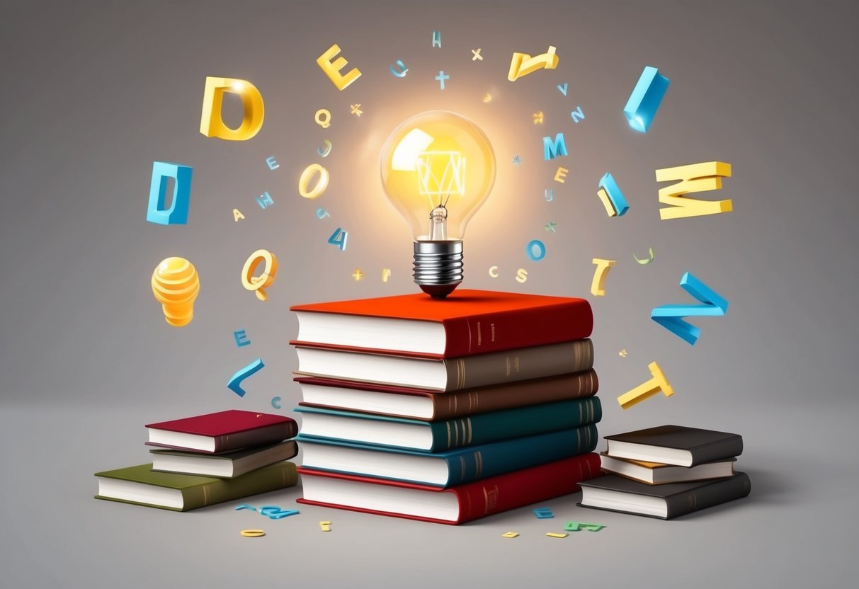 A stack of books and a glowing light bulb surrounded by floating letters and symbols