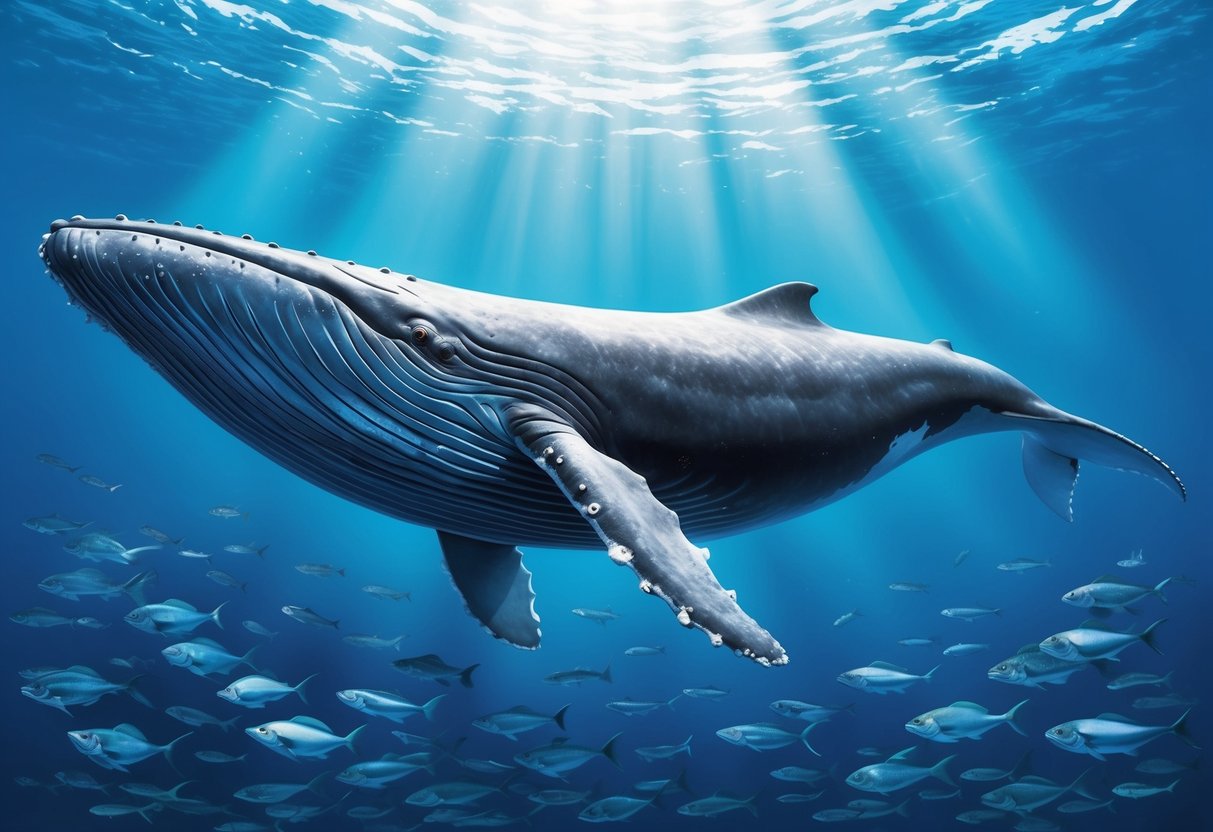 A majestic blue whale swims through clear, deep blue ocean waters, surrounded by schools of fish and illuminated by rays of sunlight filtering through the surface