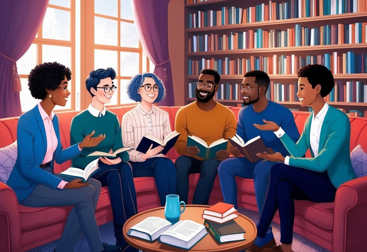 A group of diverse characters engage in lively conversation, sharing books and discussing complex theories in a cozy, book-filled room