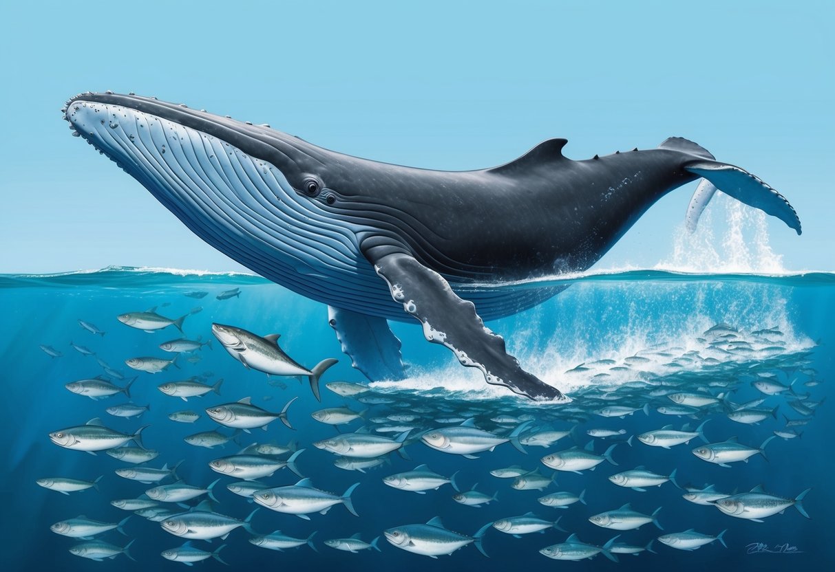 A blue whale swims gracefully through a school of fish, its massive body gliding effortlessly through the water as it emits low-frequency calls to communicate with other whales