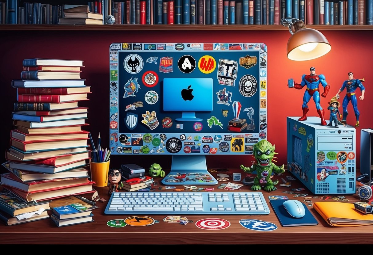 A cluttered desk with stacks of books, a computer covered in stickers, and a collection of action figures and nerdy memorabilia