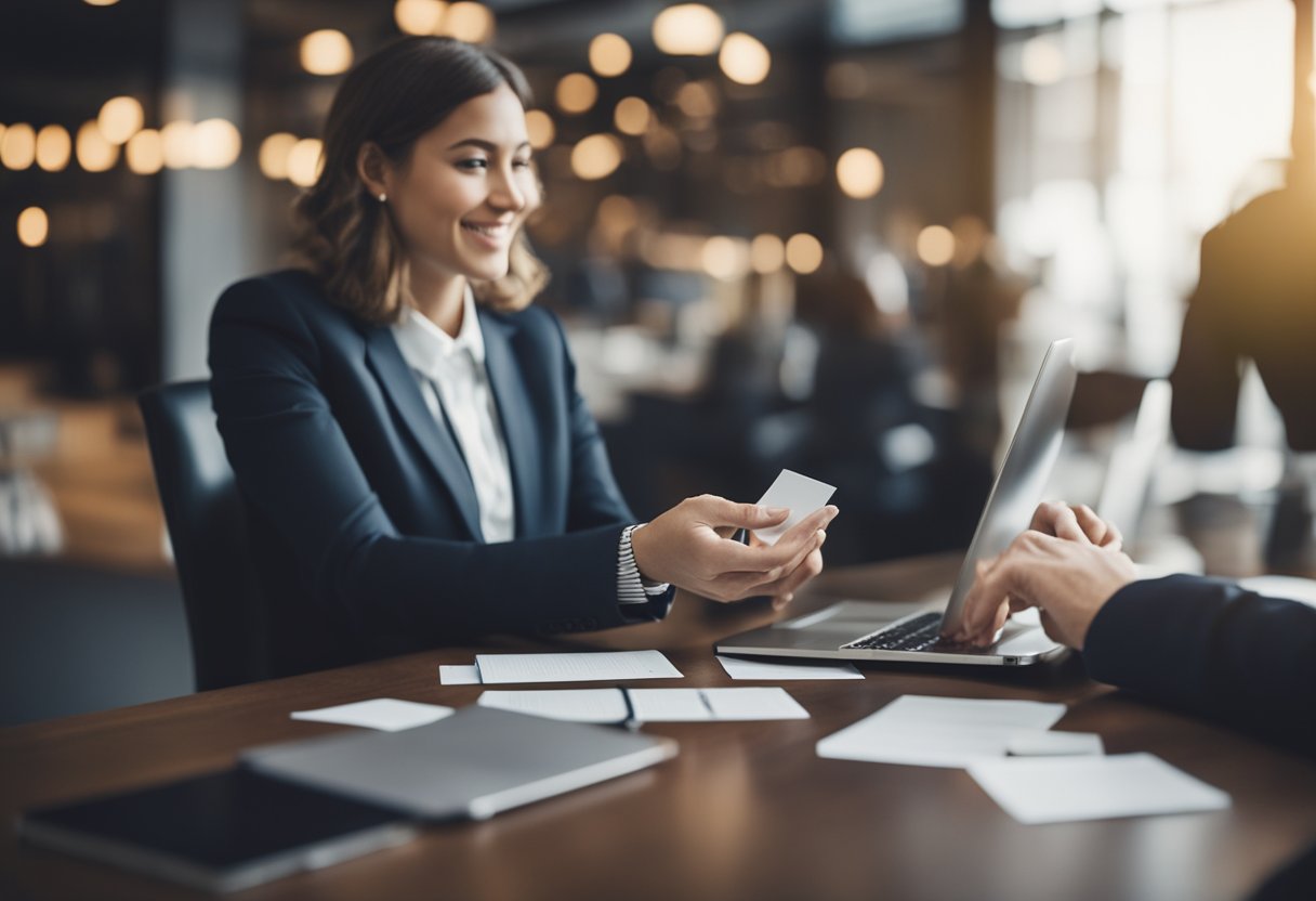 A virtual bookkeeper networking online, exchanging business cards and building relationships with potential clients