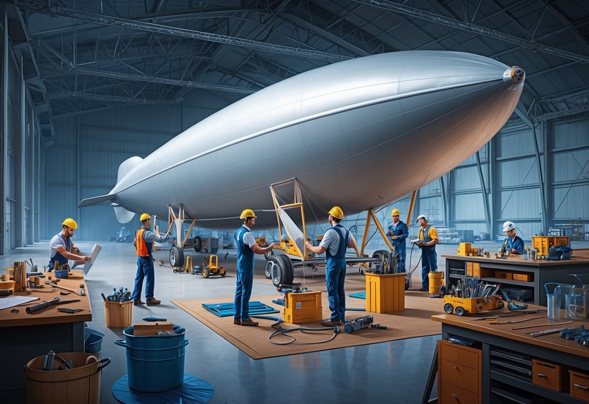 A team of engineers and workers assembling a sleek airship in a large hangar, surrounded by tools, blueprints, and components