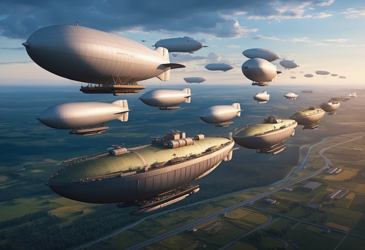 A fleet of airships hovers over a vast landscape, with infrastructure and support systems visible on their decks