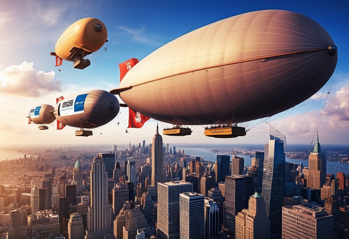 An airship fleet hovers above a bustling city, with banners and cameras attached to capture aerial footage for news and entertainment