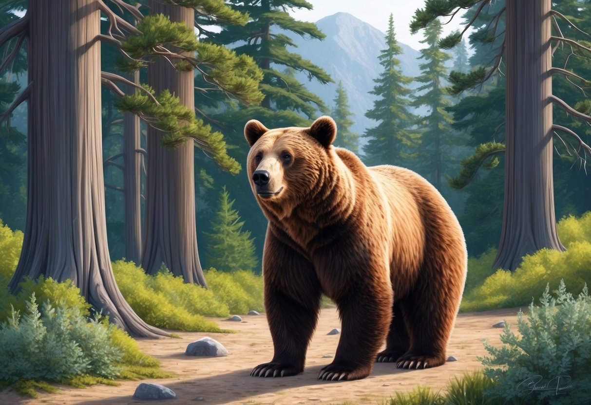 A California brown bear standing in a forest clearing, surrounded by tall trees and lush vegetation.</p><p>The bear is looking out with a calm and powerful presence