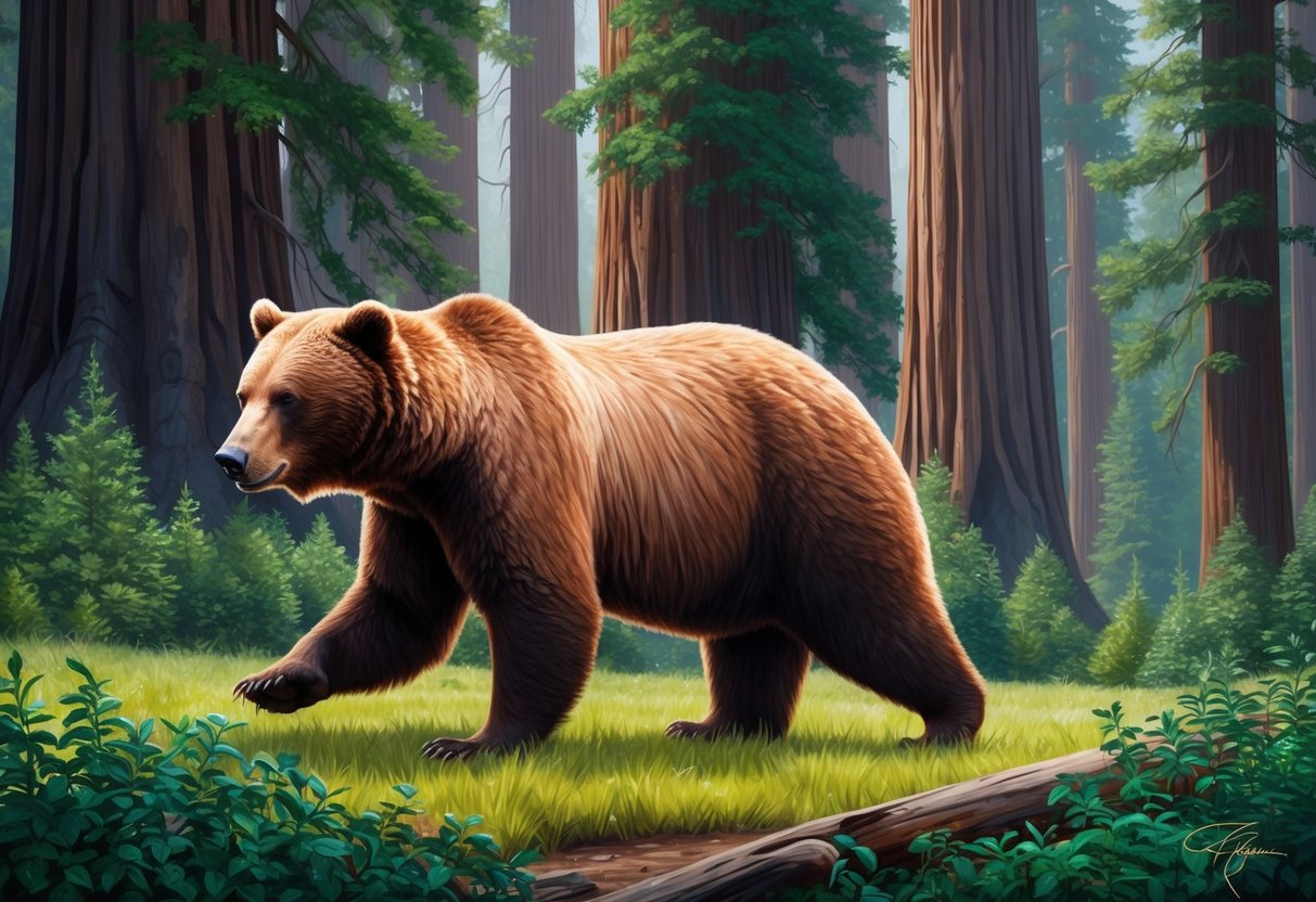 A California brown bear roams through a dense forest of towering redwoods and lush undergrowth