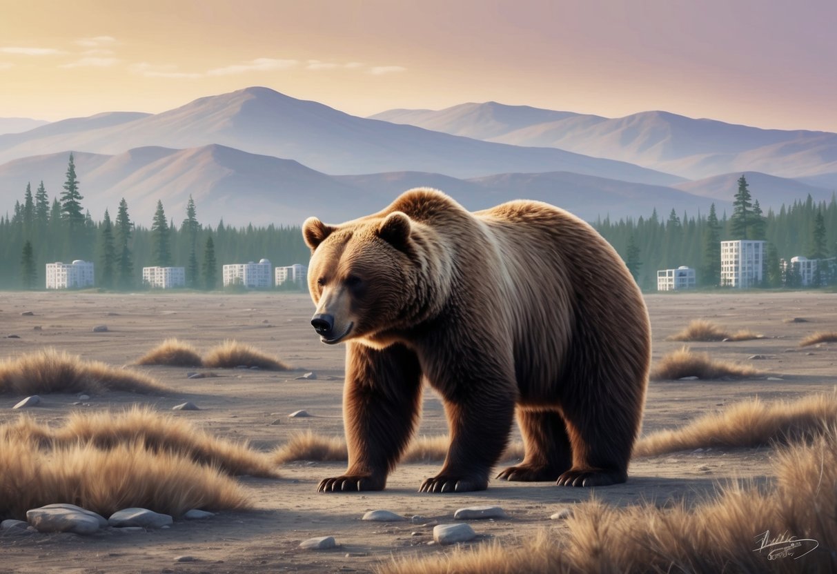 A solitary California brown bear stands in a barren landscape, surrounded by deforestation and encroaching urban development