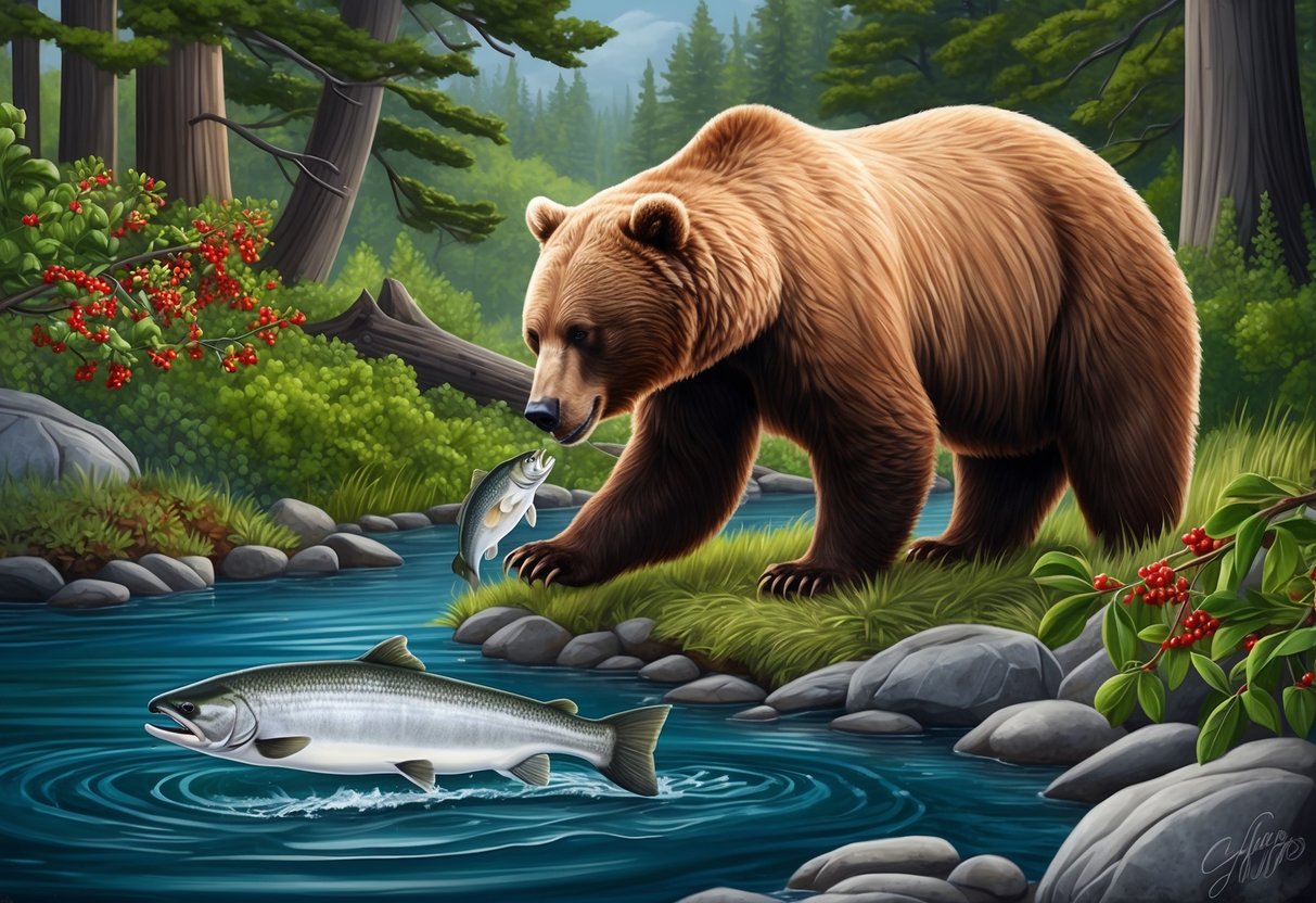 A California brown bear foraging for berries and fishing for salmon in a lush, forested ecosystem