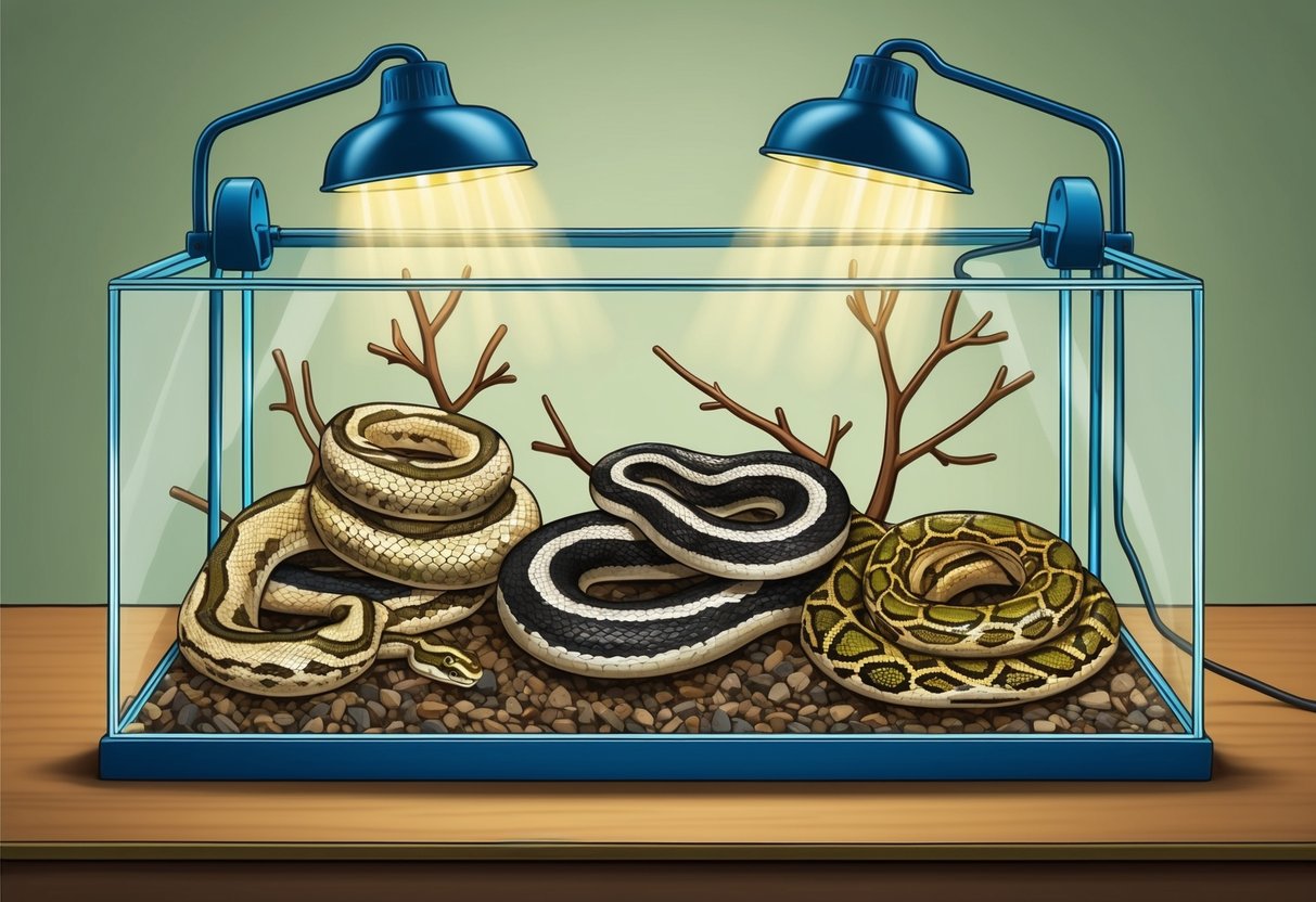 A glass terrarium houses a variety of snakes, each coiled comfortably in their own section.</p><p>Heat lamps and branches create a cozy environment