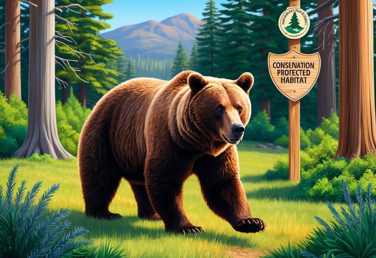 A california brown bear roaming through a lush forest, with conservation signs and protected habitat in the background