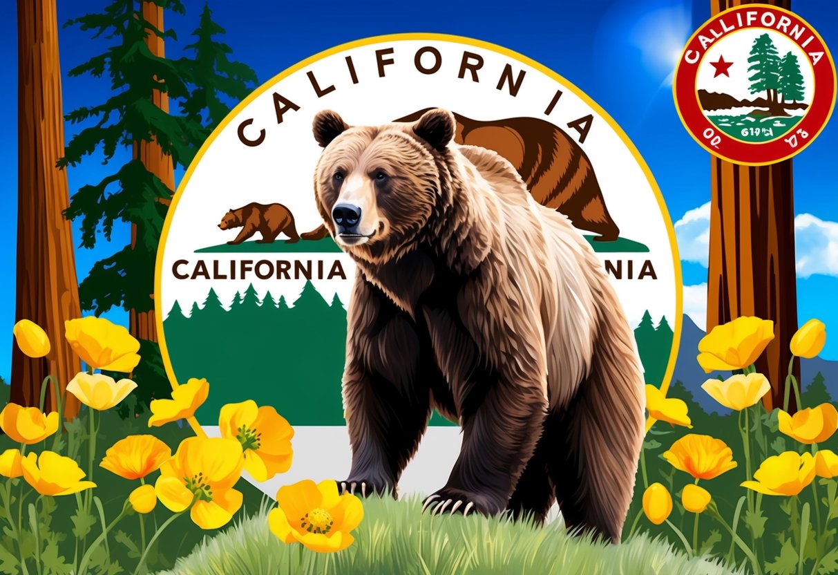 A California grizzly bear stands proudly amidst a backdrop of iconic California cultural symbols, such as the state flag, redwood trees, and golden poppies