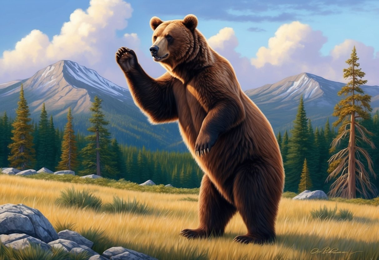 A California brown bear stands on its hind legs, towering over the surrounding landscape with its powerful frame and thick, shaggy fur