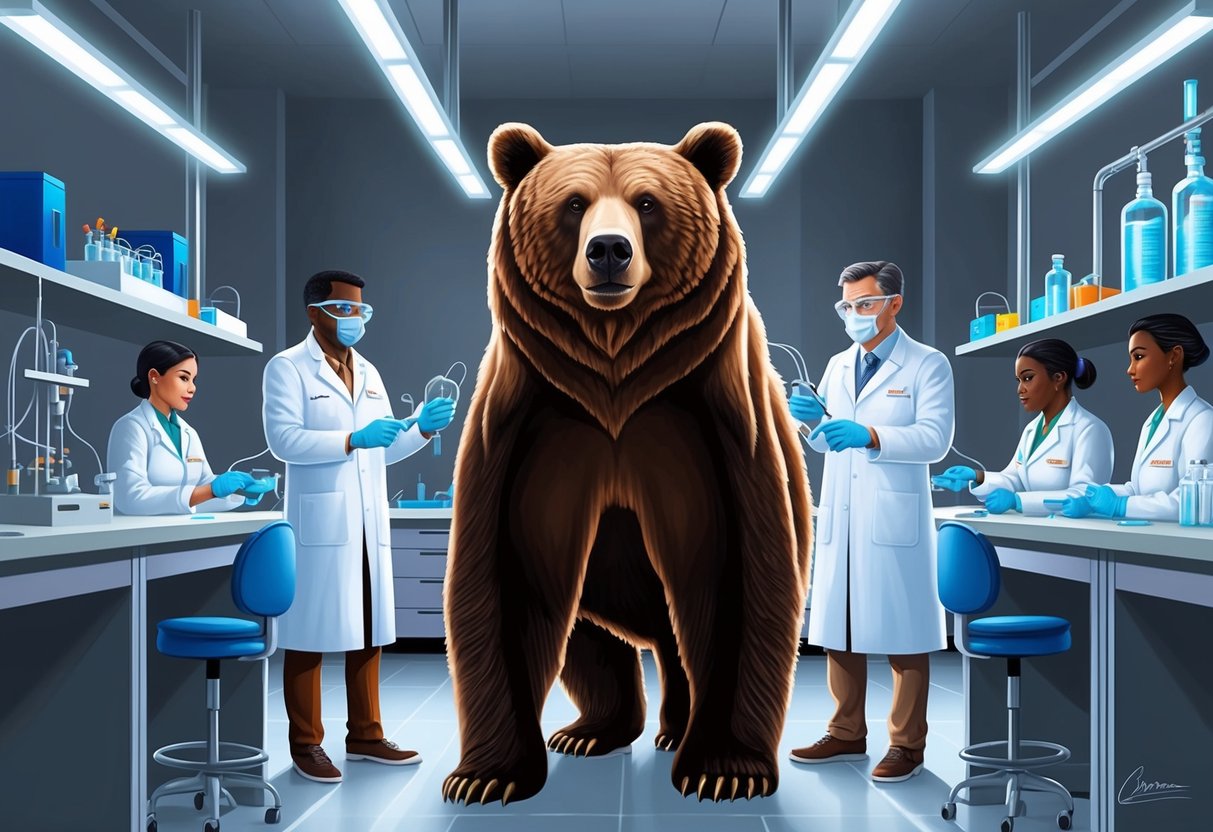 A California brown bear stands in a research lab, surrounded by genetic testing equipment and scientists in white coats