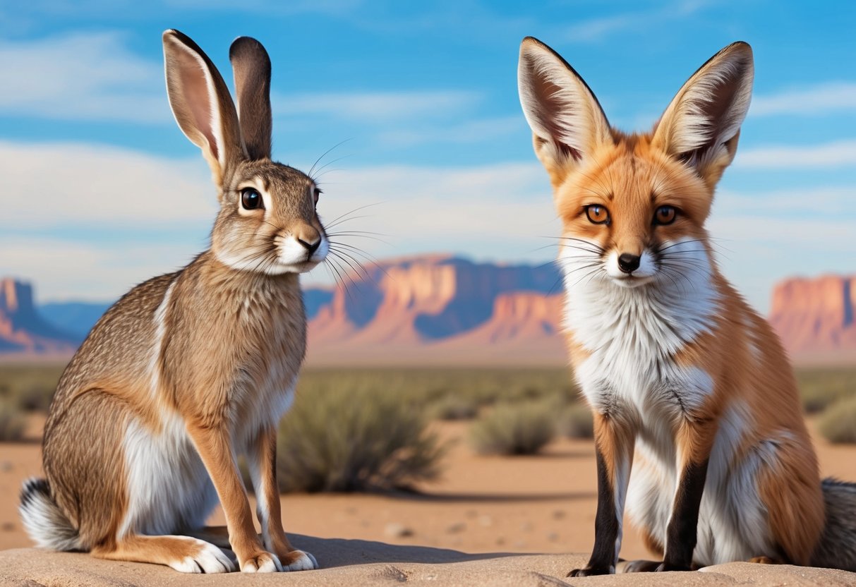 A jackrabbit and a fennec fox stand side by side, their oversized ears perked up and alert, against a backdrop of the North American desert