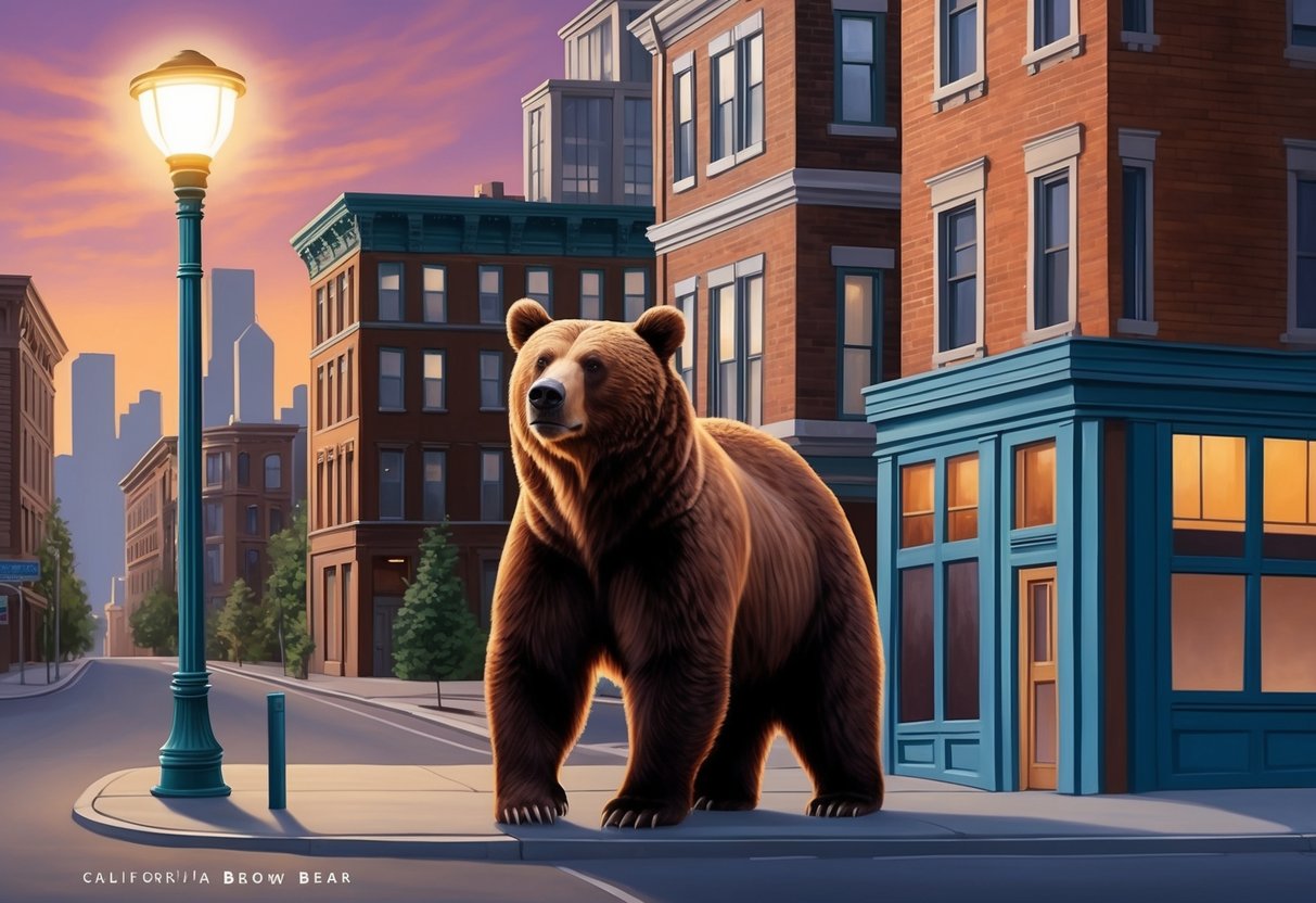 A California brown bear stands among urban buildings, gazing at a glowing streetlight