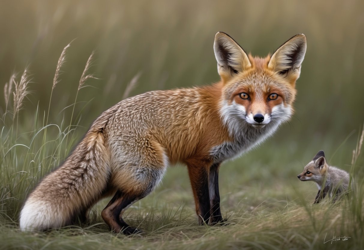 A fox with large ears listens intently, crouched in the tall grass, ready to pounce on its prey