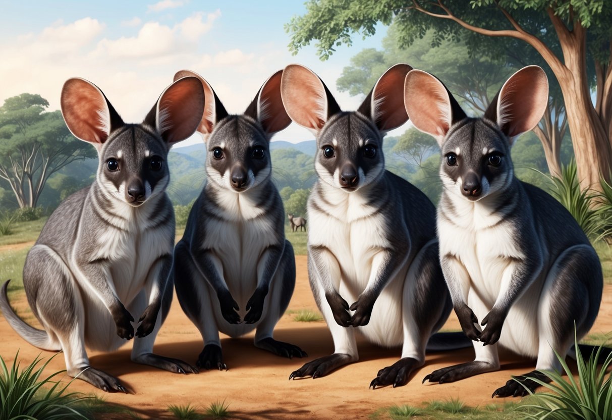 A group of marsupials with large, uniquely shaped ears, standing in a natural setting