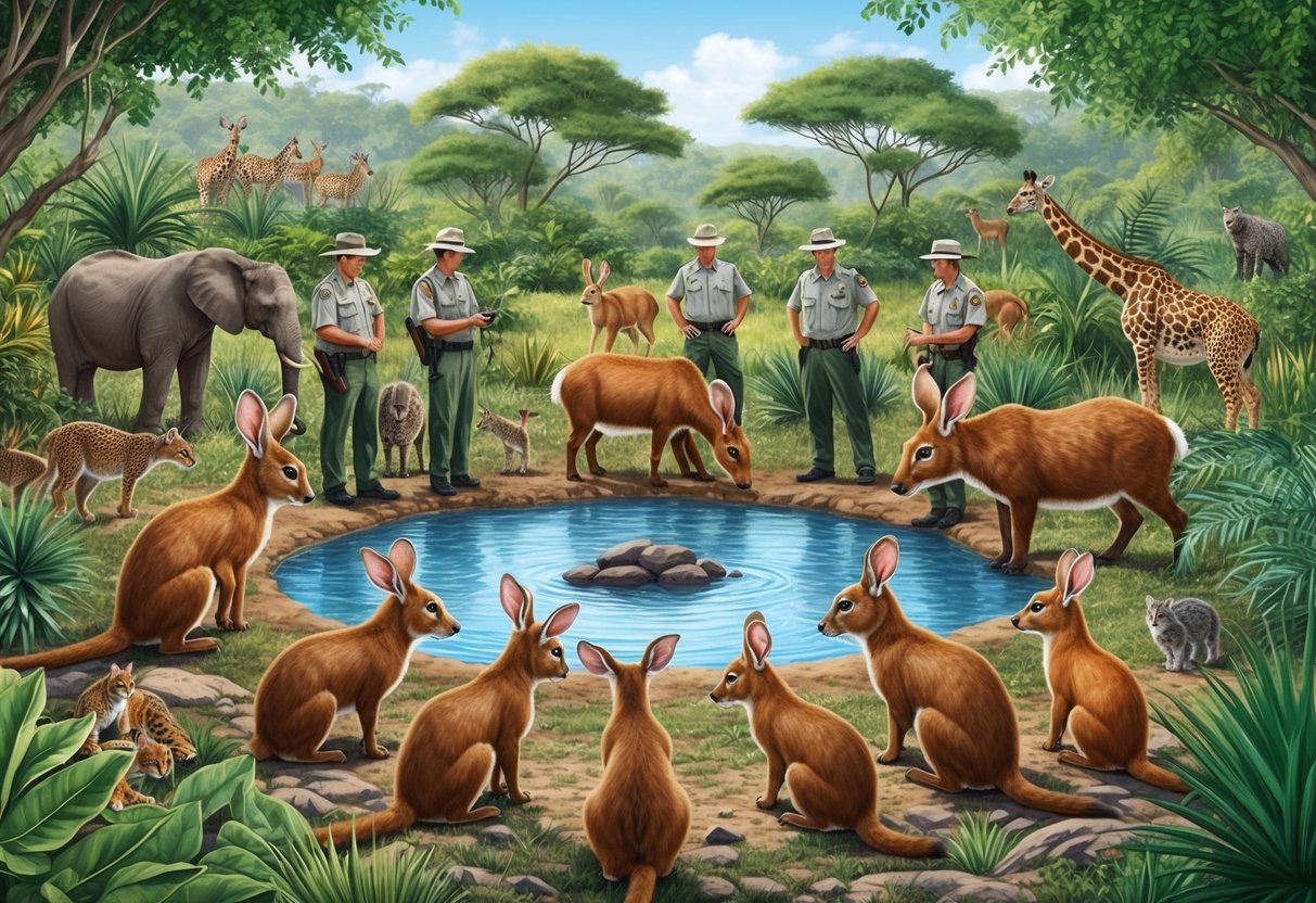 A group of big-eared animals gather around a watering hole, surrounded by lush vegetation and diverse wildlife.</p><p>Rangers monitor the area, ensuring the safety and protection of these unique species