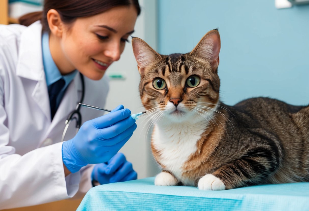 A cat with its third eyelid visible, receiving medical treatment from a veterinarian