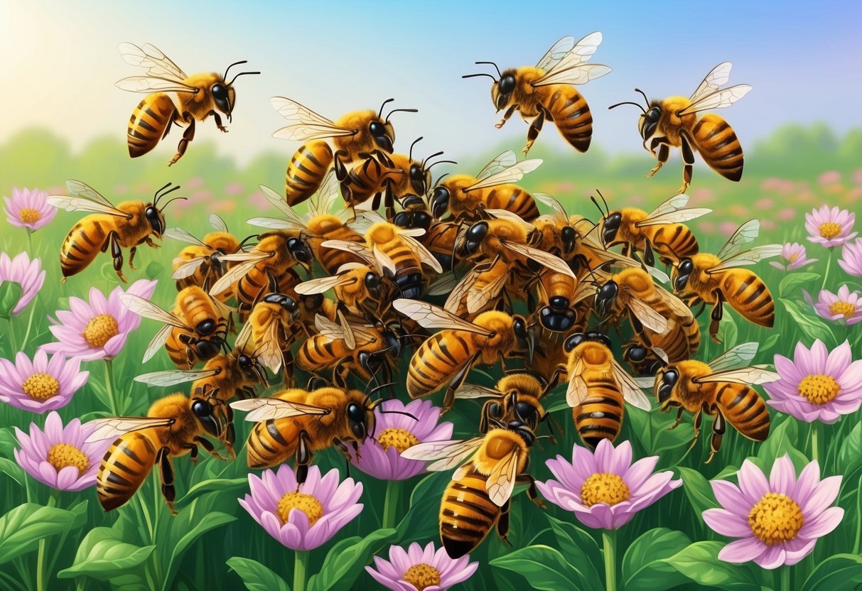 A swarm of honey bees gathers around a blooming field, their buzzing fills the air as they diligently collect nectar from the flowers