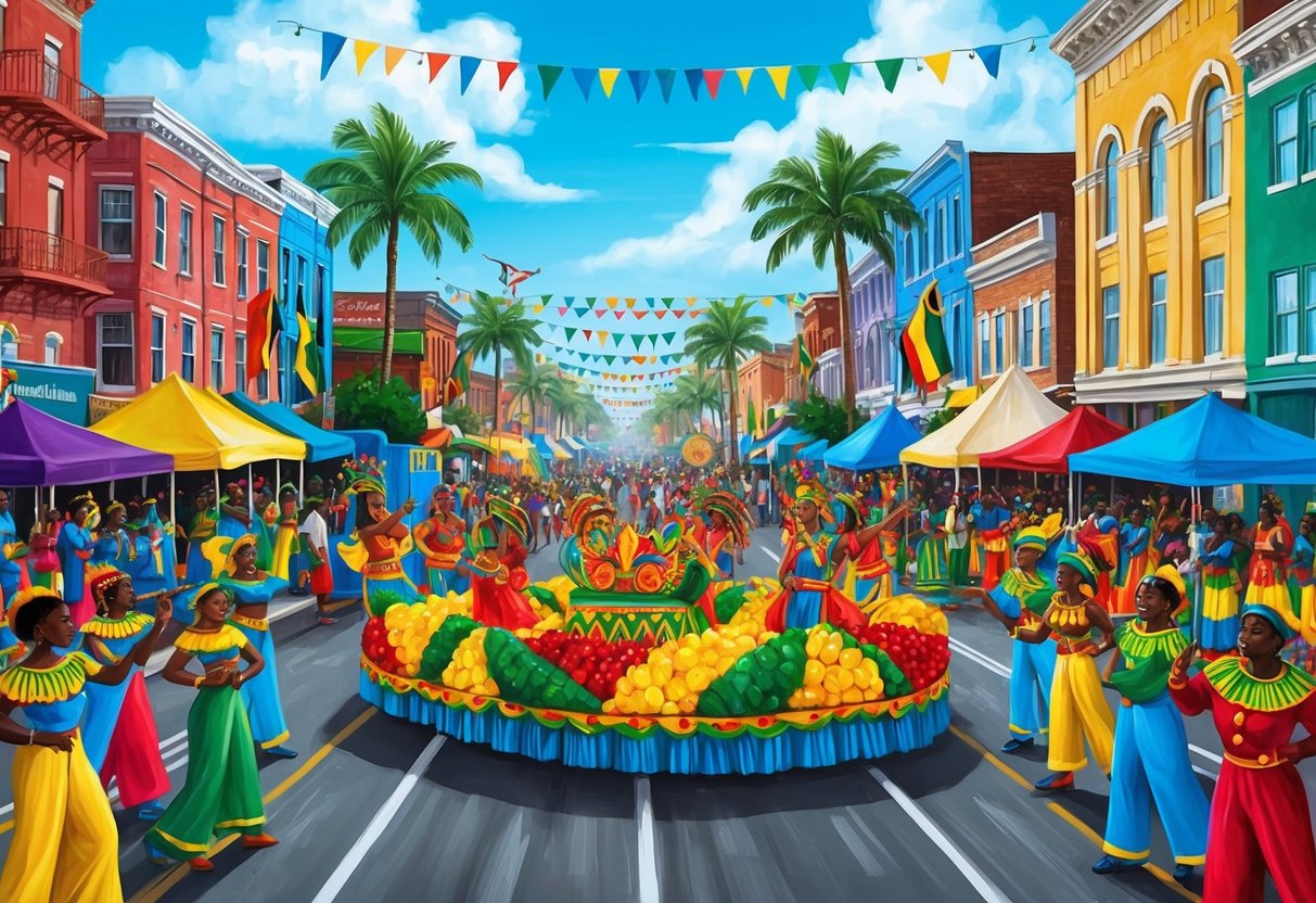 Colorful floats, dancers, and musicians fill the streets, celebrating Caribbean culture at the Global Influence festival