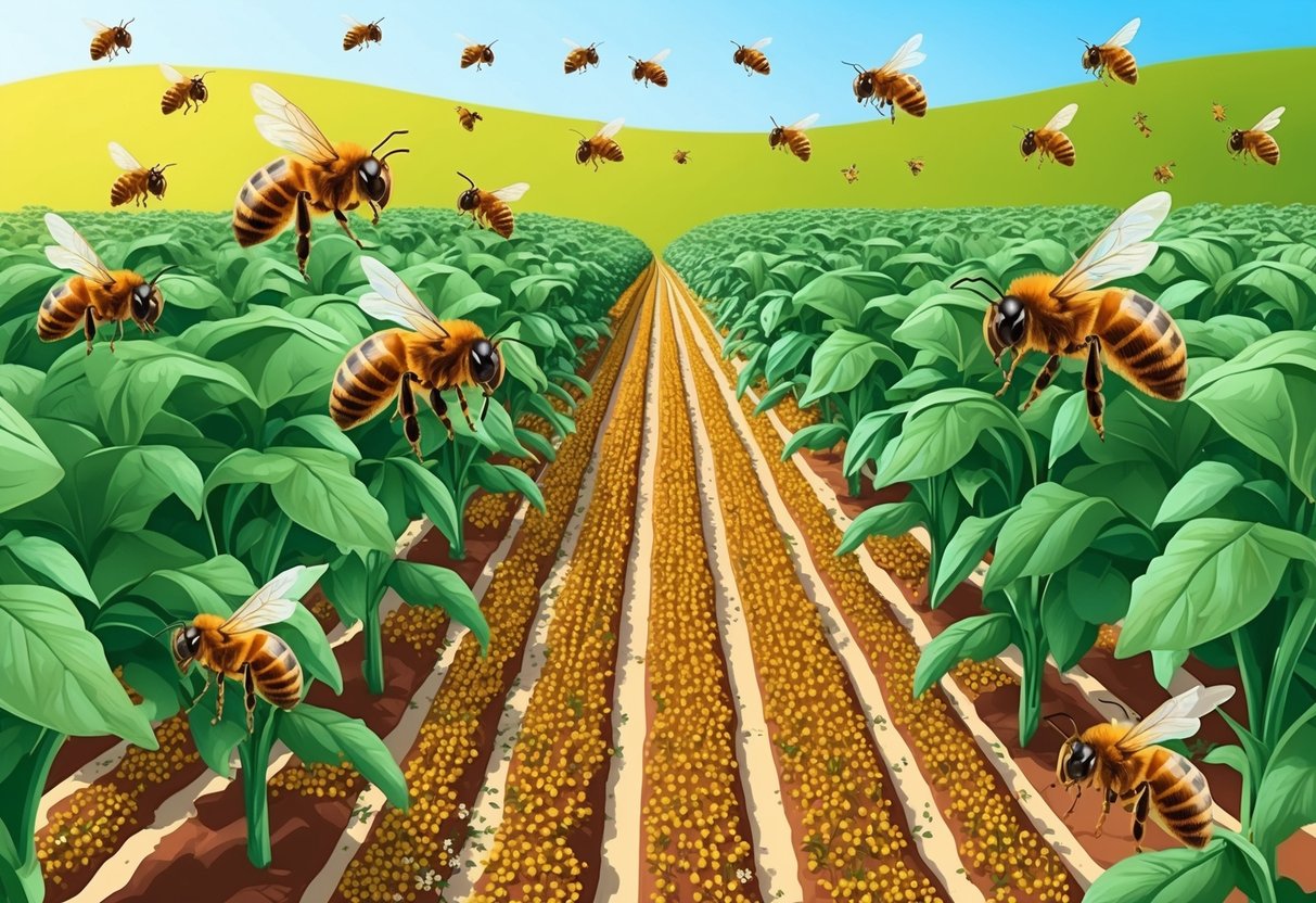 A field of crops with honeybees swarming around, pollinating the plants