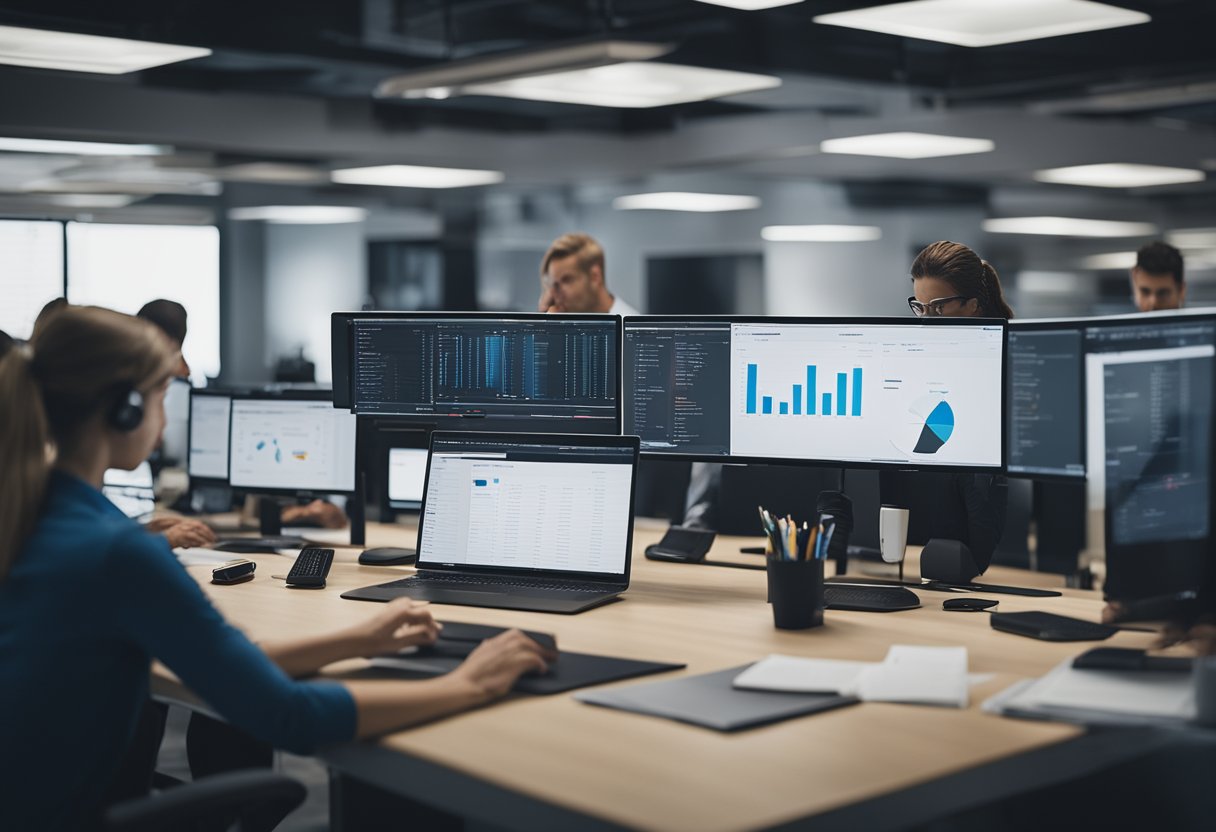 A bustling office with employees inputting data into a CRM software system while discussing customer profiles and sales strategies