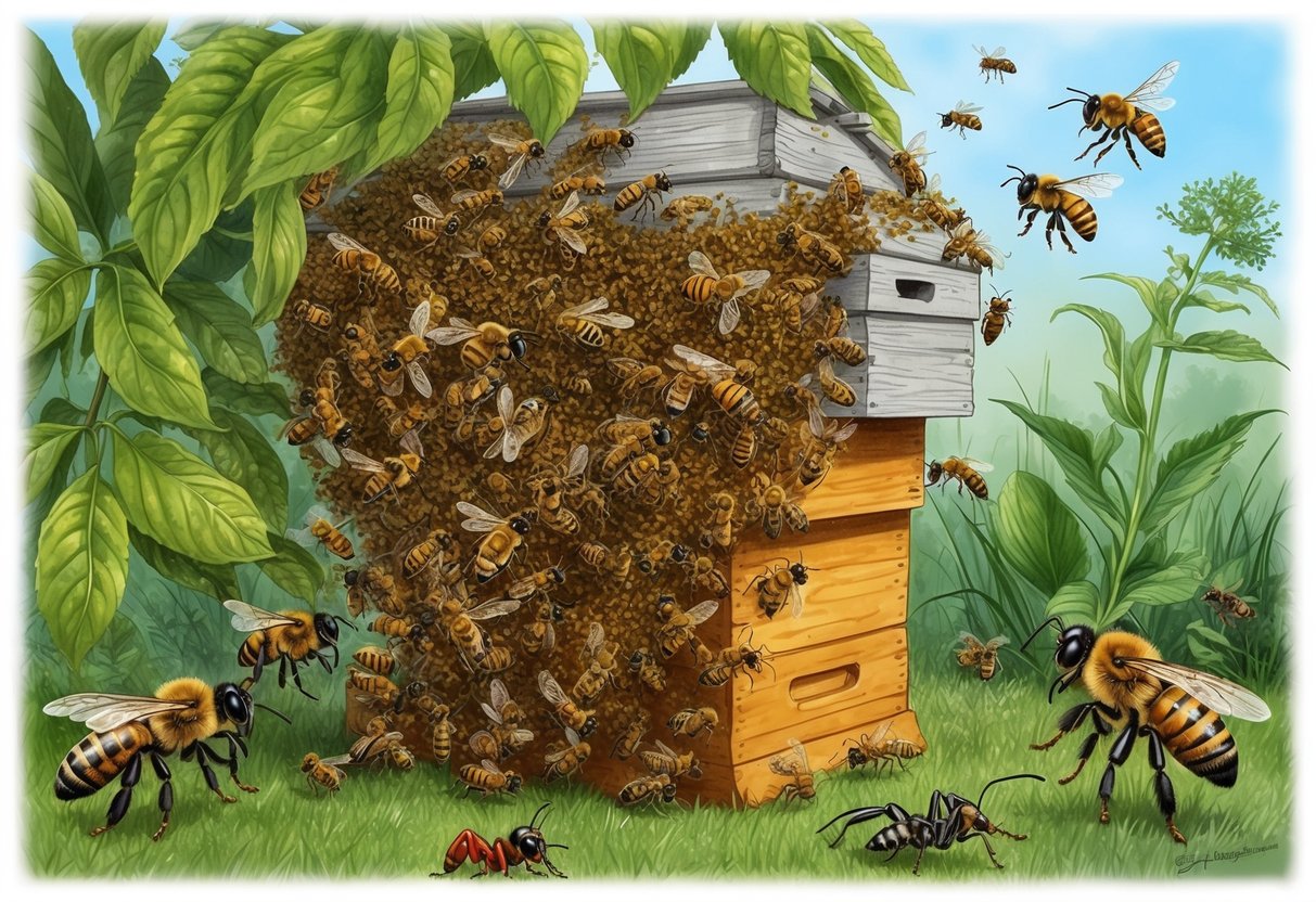 A swarm of honeybees overtaking a native hive, as other insects and plants struggle to survive in the background