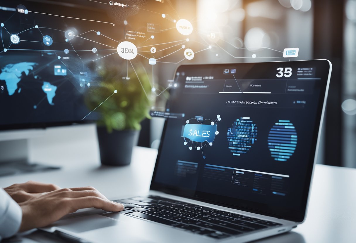 A person using CRM software to track customer interactions and sales data, with a visual representation of the software's user interface on a computer screen