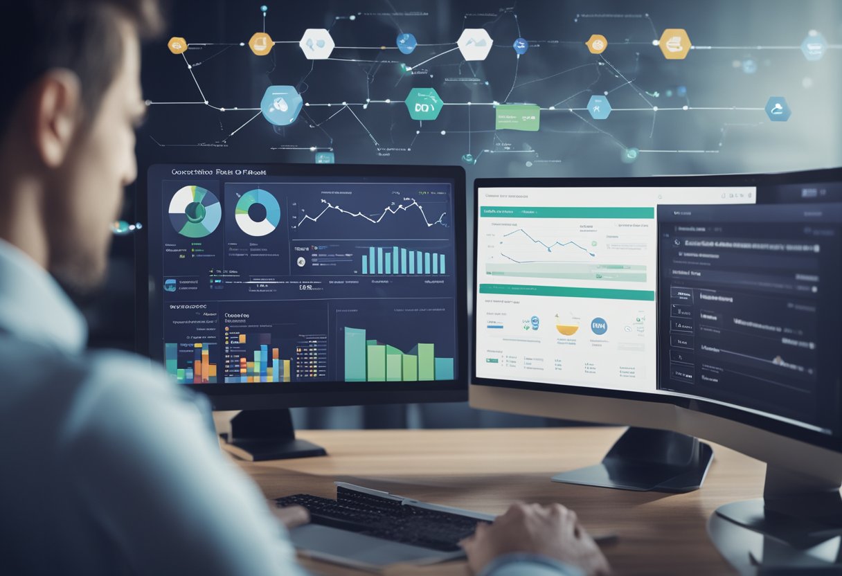 A person using CRM software to manage customer data and interactions, with a visual representation of the software interface and a customer profile