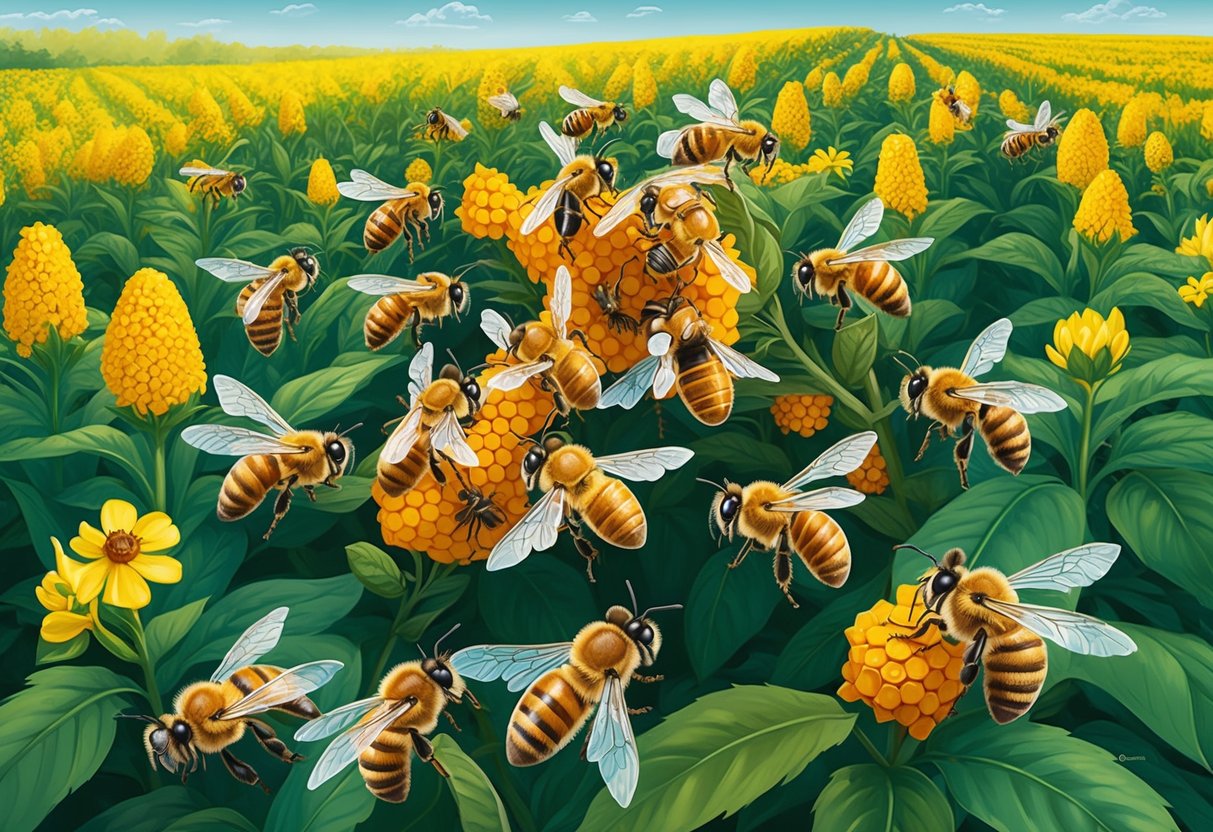 A swarm of honey bees struggles to pollinate amidst pesticide-laden fields, facing invasive species competition and declining health