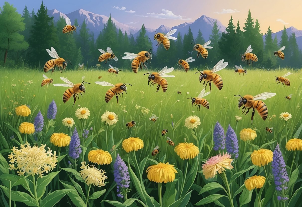 A lush meadow with native wildflowers, invaded by a swarm of introduced honeybees, while native pollinators are pushed aside