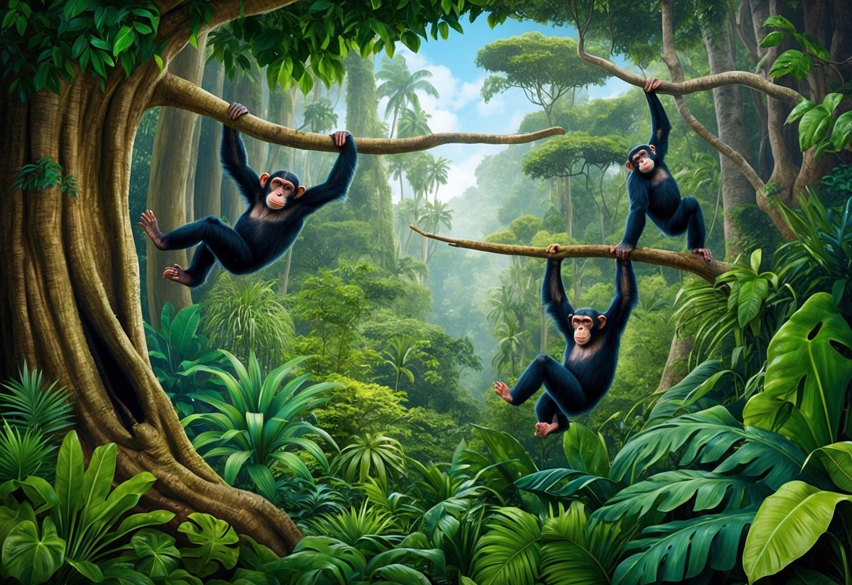 A lush, dense rainforest with towering trees and a variety of vegetation, with a group of chimpanzees swinging from branch to branch