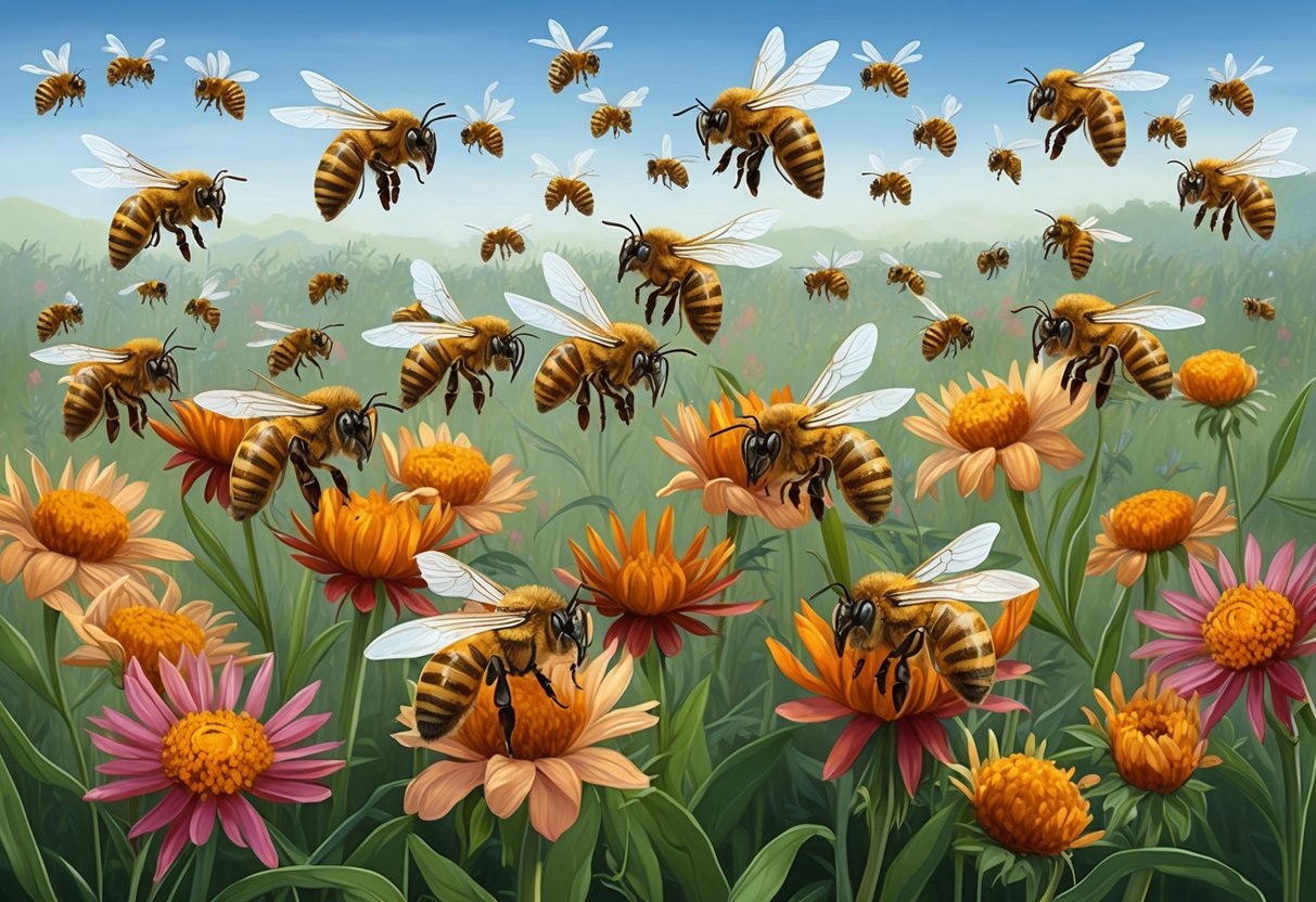 A swarm of honeybees overtaking a field of native flowers