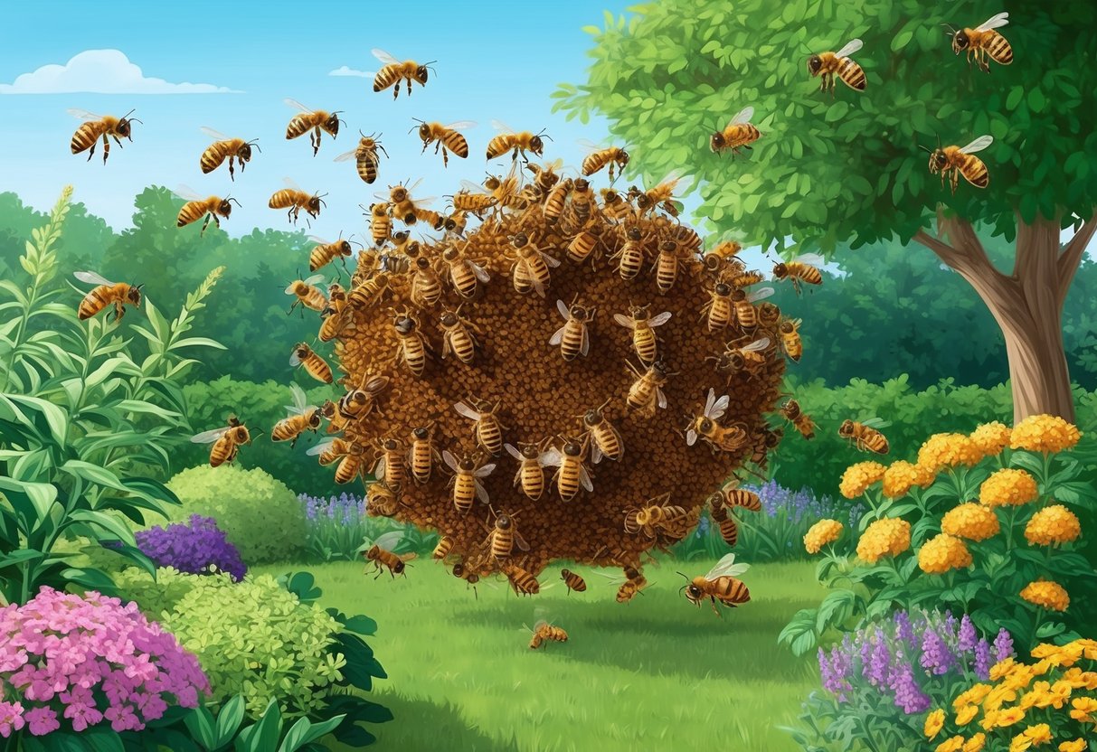 A swarm of honeybees overtaking a garden, crowding out native pollinators