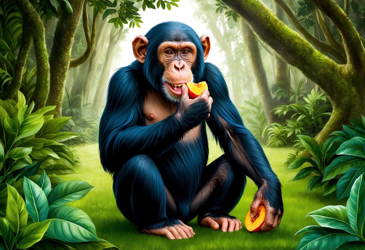 A chimpanzee sitting in a lush forest, holding a piece of fruit in its hand and eating it with a focused expression