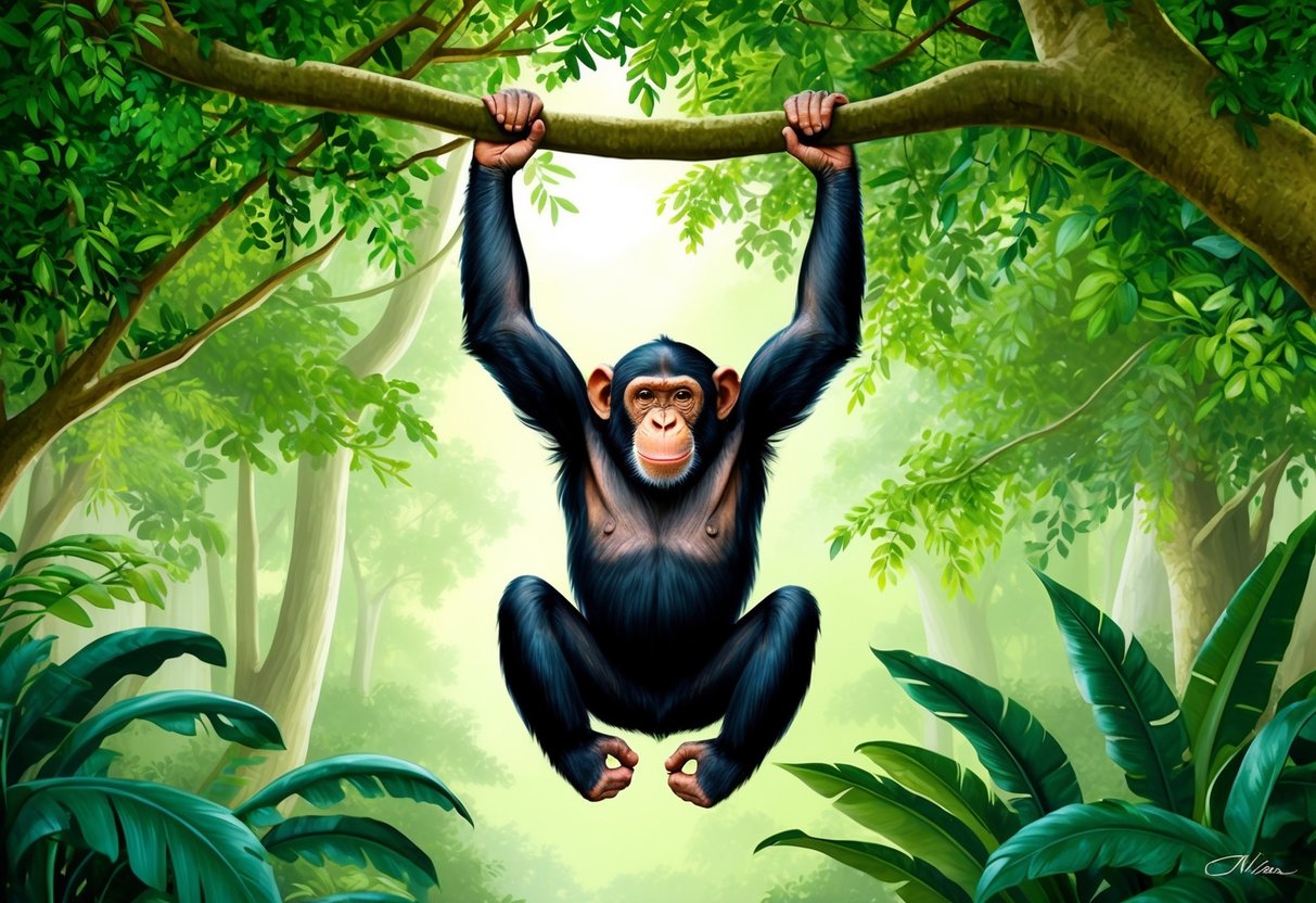 A chimpanzee swinging through a lush, green forest canopy