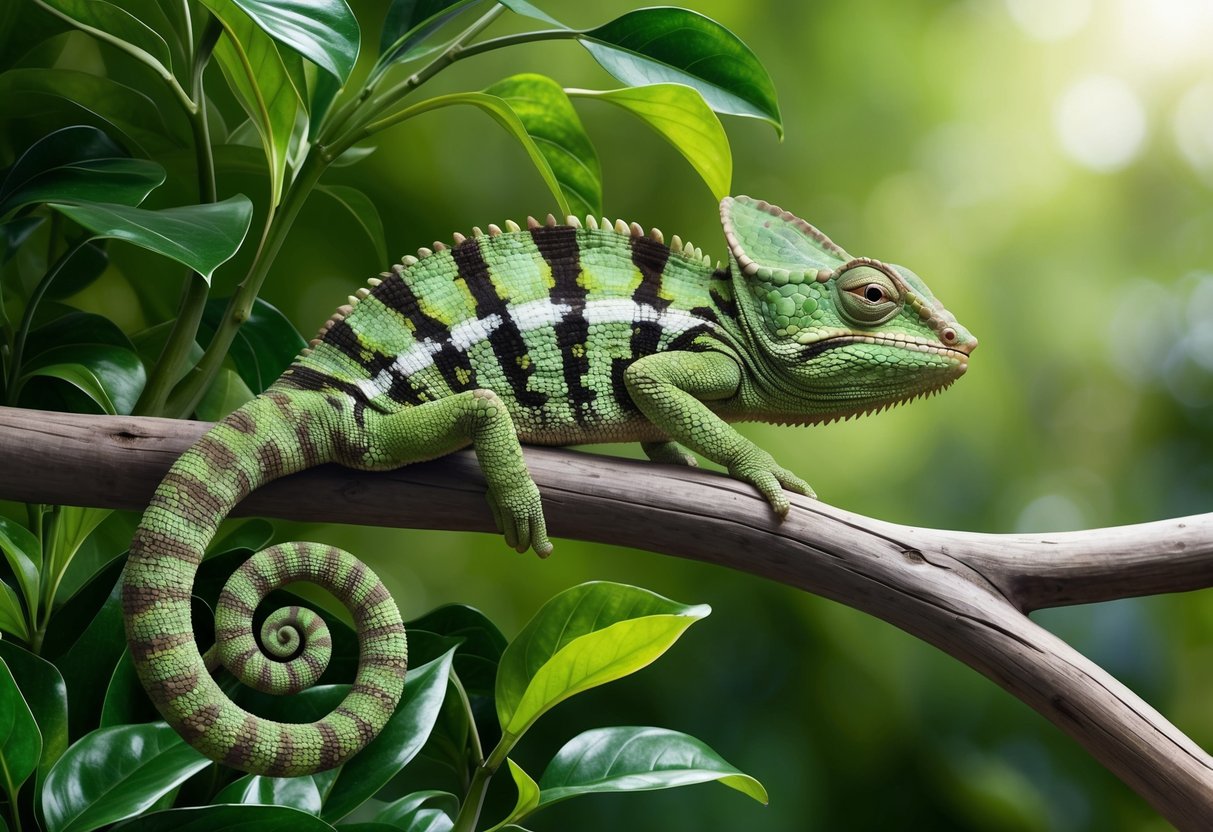 A chameleon blending into lush green foliage with its long, curled tail wrapped around a branch, its eyes scanning the surroundings