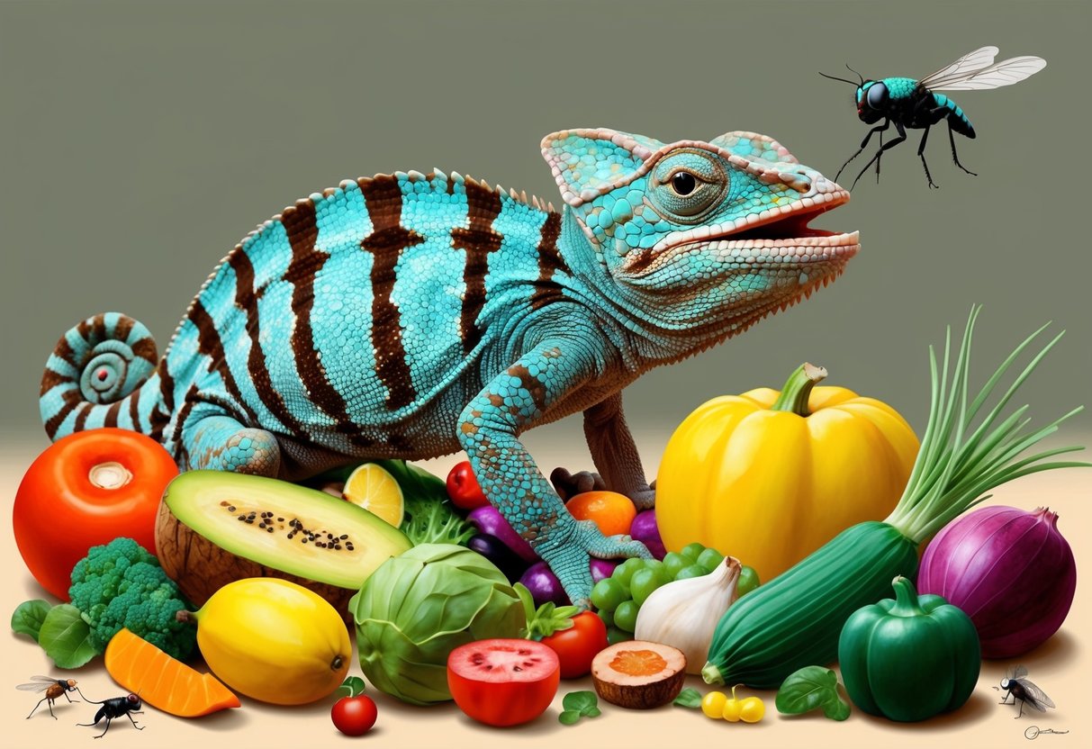 A chameleon surrounded by a variety of food items, including fruits, vegetables, and insects, with its tongue extended to catch a fly