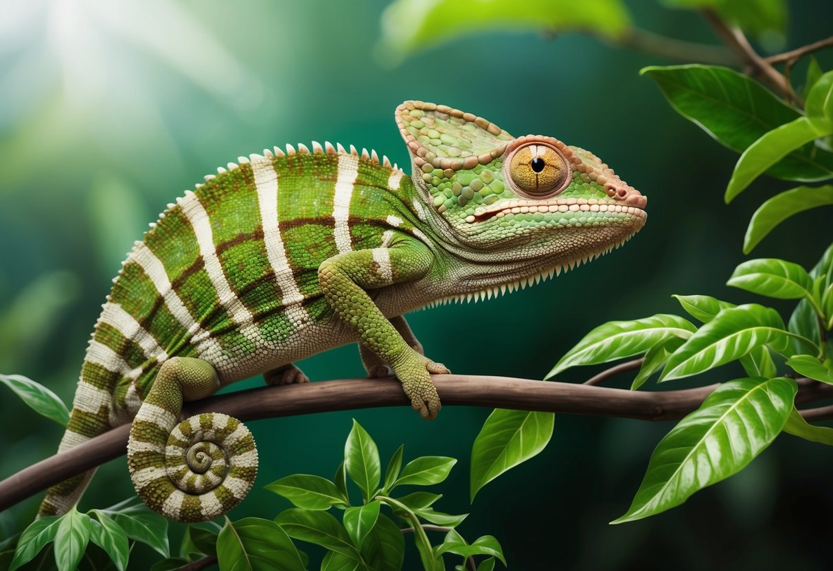 A chameleon blending into green foliage, its eyes scanning for prey