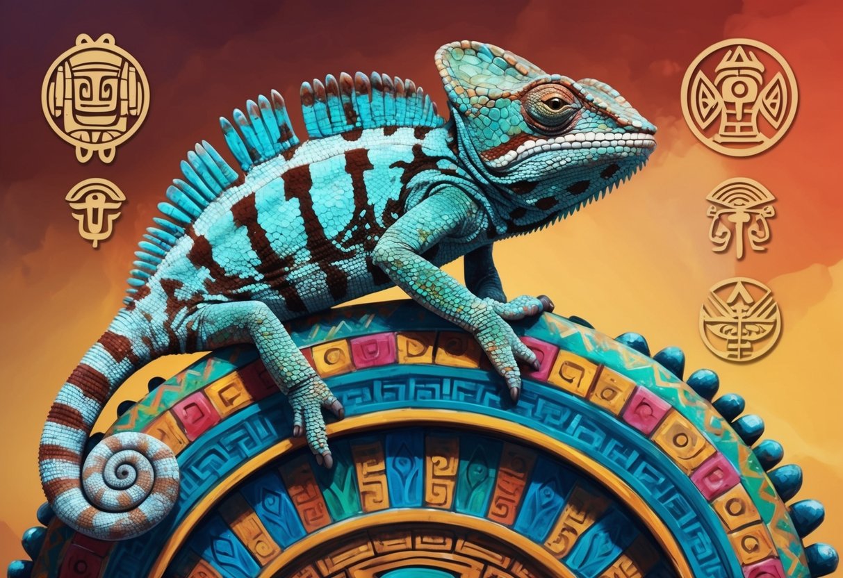 A chameleon perched on a vibrant, ancient artifact, surrounded by symbols of cultural significance